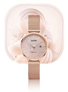 DOM 1件女士时尚米兰尼斯网状表带石英表，金色，商务休闲风，防水，心形日历显示，适合日常佩戴，可作为礼物送给朋友或母亲 - 金色 - 查看 10