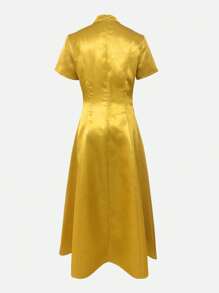 Elegante abito a-line di colore giallo senape per donna - maniche corte alla moda, perfetto per la primavera e l'autunno