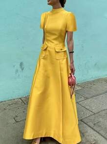 Elegante abito a-line di colore giallo senape per donna - maniche corte alla moda, perfetto per la primavera e l'autunno