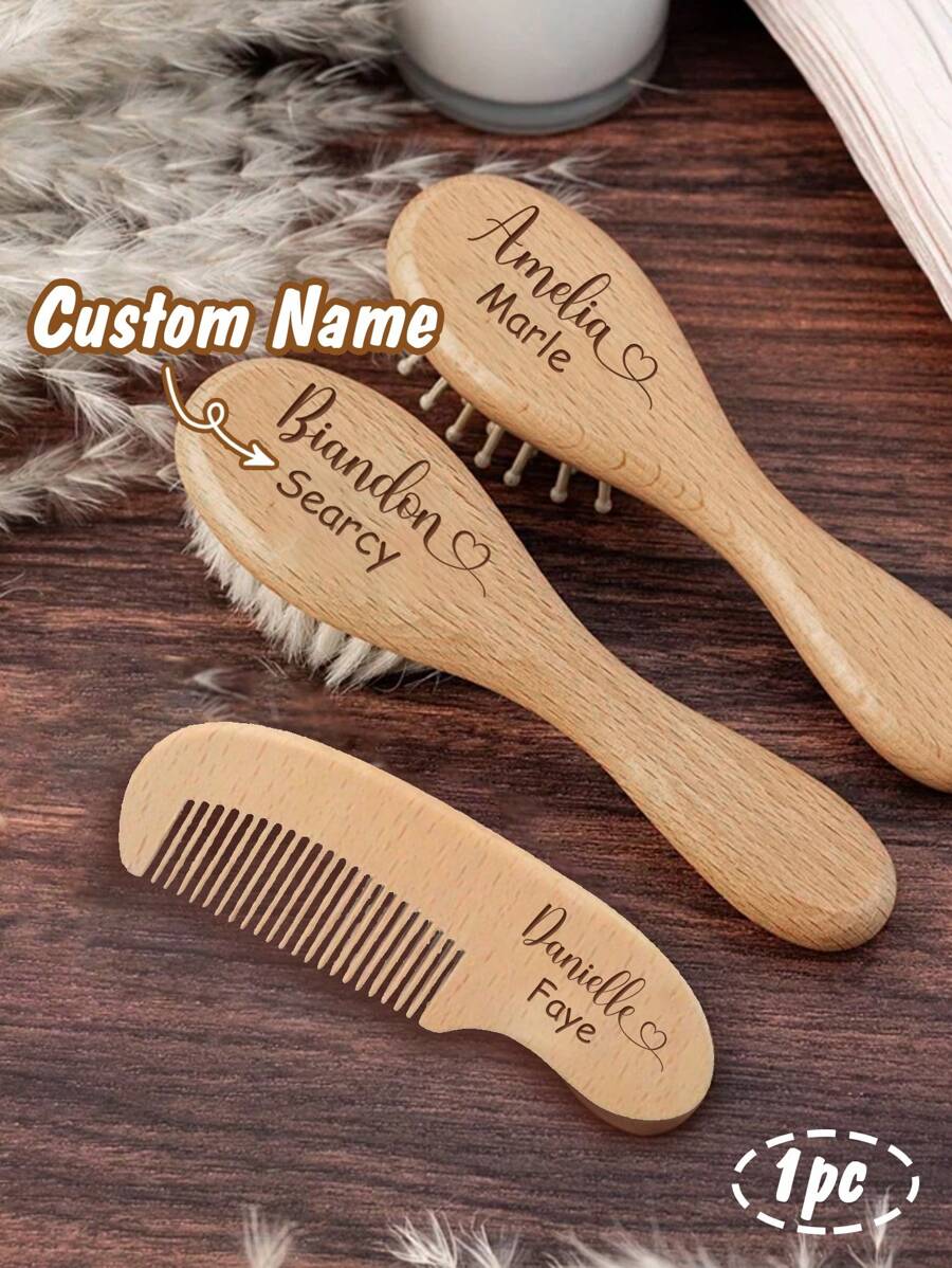 Custom Kids Hair Brush Set Wooden Comb Set Personalized Name Hairbrush Customized Back To School Gift Customizable Name Halloween Present Keepsake - Style a - View 1
