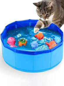 1 Collapsible Cat Pool Toy, Portable Cat Indoor/Outdoor Water Bowl With 6 Squeaky Sounding Toys, Cat Interactive Entertainment Set, Keeps Cats Playing! - Multicolor - View 2