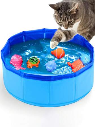 1 Collapsible Cat Pool Toy, Portable Cat Indoor/Outdoor Water Bowl With 6 Squeaky Sounding Toys, Cat Interactive Entertainment Set, Keeps Cats Playing!