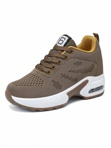 Breathable Knit Sneakers With Letter Decoration, Wedge Design, Multifunctional And Comfortable Sports Shoes With Inner Height Increase And Non-Slip Features, Suitable For Women's Hiking, Street Wear, And Traveling - Khaki - View 7