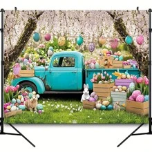 1pc Easter Photography Backdrop - Vibrant Spring Design With Blue Truck, Colorful Eggs, Flowers, Bunnies And Tulip Floral Forest Scene, Polyester Fabric, Great For Photo Booth Props And Party Decoration Backdrop, Festival Accessories | Floral Festival Backdrop | Polyester Fabric Background, Easter Outdoor Decor