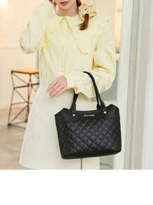 PU Leather Handbag For Women, Fashion Rhombic Jacquard Tote Shoulder Bag Simple Shopping Bag - Black - View 4