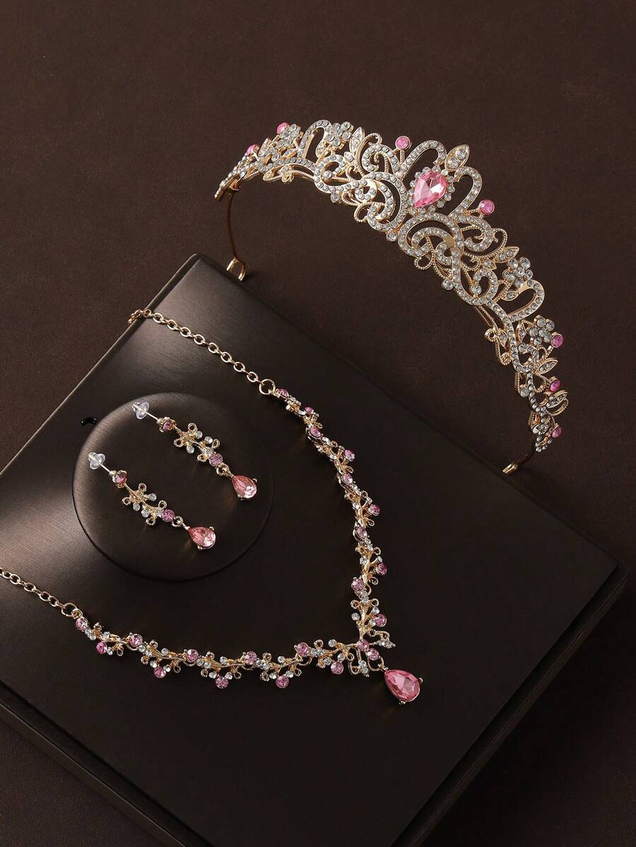 4 件银质皇冠项链耳环婚礼新娘配饰套装 - 粉色 - 查看 1