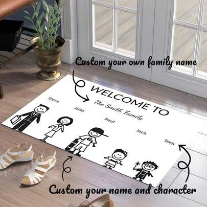 1 Alfombra de fieltro personalizada con carácter de dibujos animados y texto personalizado antideslizante, alfombra de área de terciopelo personalizada para el hogar, transpirable, ligera, lavable, divertida, linda, cómoda, personalizada, única, ideal como regalo para él, ella, novio, novia, papá, familia, mamá, amigos, para aniversarios, graduaciones, inauguración de la casa, bodas, cumpleaños, coche, sofá, sala de estar.