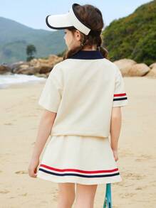 ASK JUNIOR 2 件套 Tween Girls Tween Girl 针织 Polo 衫和迷你裙网球套装