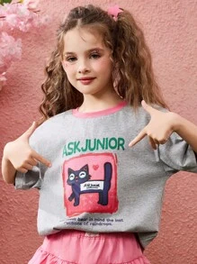 ASK JUNIOR 青少年女孩短袖 T 恤,可爱图案印花圆领休闲 T 恤 - 灰色 - 查看 9