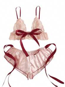 Two-Piece For Women Valentine's Christma's Day Gift Women's  Lingerie Color Block See-Through Bandage Bra + Panties For Nights - 粉色 - 查看 2