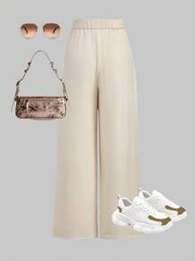 女童时尚高腰阔腿裤，优雅长裤 - 杏色 - 查看 2