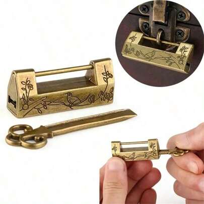 1pc Chinese Vintage Antique Locks Old Style Lock And Key Excellent BrassCarved Word Padlock