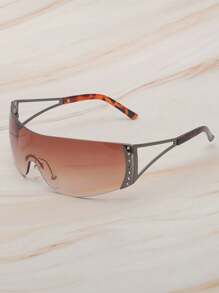 1 件装全新水钻装饰超大方形未来主义 Y2K 风格时尚眼镜，适合女士夏季海滩度假、户外、旅行 - 漸變茶 - 查看 10