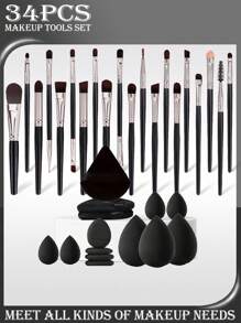 38件套多功能化妆刷套装，包含：1个防水化妆包，20支化妆刷（粉底刷、散粉刷、眉刷、腮红刷、高光刷、眼影刷、睫毛膏刷、眼线刷、轮廓刷、细节刷、鼻影刷、面部刷），3个水滴形美妆蛋，3个美妆蛋。