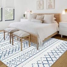 Large Washable 6x9 Area Rug: Boho Moroccan Geometric Neutral, Non-Slip Foldable Indoor Floor Carpet For Living Room, Bedroom, Dining Table - Beige, 6X9 - Blue - View 6