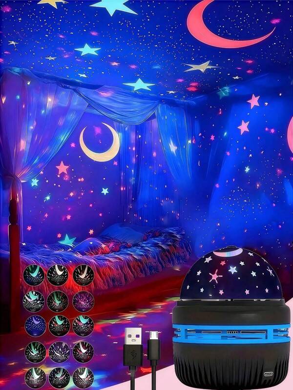 1 pieza Lámpara de proyección de estrellas, luz nocturna de LED con estrellas y luna con conexión USB, adecuada para el hogar, la sala de estar, ambiente festivo, fiesta, dormitorio, decoración de la habitación