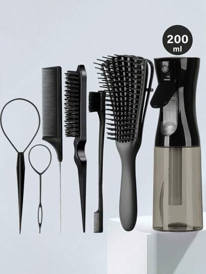 7Pcs/Set Hair Styling Tools, Hair Styling Comb Set, 200ml Clear Spray Bottle, Teasing Hair Brush, Rat Tail Comb, Edge Brush For Edge & Back Brushing, Combing, Slicking Hair For Women, Travel, Outdoor, Sport, Office, School, Hair Accessories