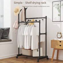 1pc Heavy Duty Portable Garment Rack With Dual Hanging Rods & Hat Hooks - Rolling Clothes Rack, Space-Saving Design For Bedroom, Living Room, Laundry Room - Sturdy Metal/Plastic Construction, Easy Mobility & Storage - Ideal For Home, Travel, Durable Independent Wardrobe Organizer