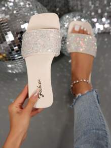 Women's Square Toe Slip-On Sandals With Rhinestone Decor, No-Heel Open Toe Design For Easy On/Off, Comfortable Artificial Suede Flat Shoes For Casual Outings, Suitable For Warm Weather, Versatile.