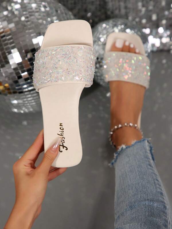 Women's Square Toe Slip-On Sandals With Rhinestone Decor, No-Heel Open Toe Design For Easy On/Off, Comfortable Artificial Suede Flat Shoes For Casual Outings, Suitable For Warm Weather, Versatile.