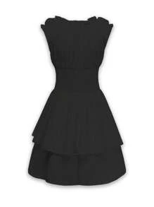 2025秋季女装 | 优雅女士连体裤：层叠蛋糕设计 | 飘逸雪纺方领 | 完美婚礼宾客礼服 | 约会之夜及音乐节穿搭 - 黑色 - 查看 3