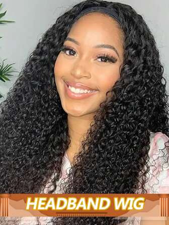 头带假发水波人发假发机织假发女士无胶卷发假发带头带 180% 密度自然黑色