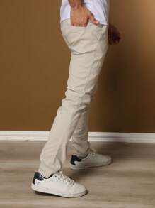 Men's Tailored Twill Trousers With Knife Pocket And Built-In Pocket - Beige - View 4