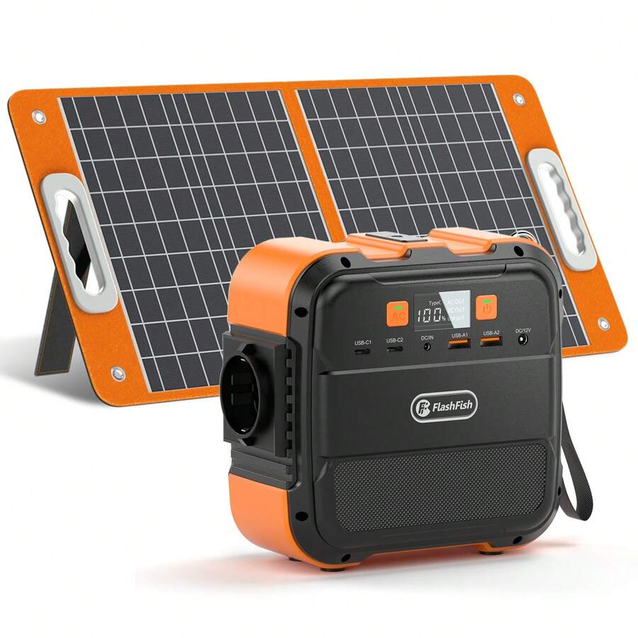 FF Flashfish Solar Generator With Solar Panel, Portable Power Station 98Wh/26400mAh With 60W Foldable Solar Panel, Portable Power Station 100W Solar Generator With 230V AC Output/QC 3.0 18W USB/Type-C For Camping Motorhomes Emergency Power Generator - 查看 1