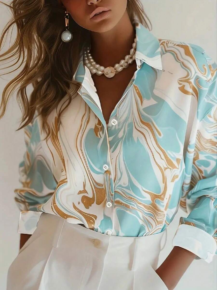 Women's Elegant Geometric Print Casual Shirt - Polyester & Spandex Blend, Button Front With Collar, Machine Washable Spring - Emerald - View 1