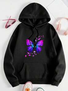 Women's Beautiful Butterfly Letter Pattern Top Sweatshirt Fashionable Cotton Casual Outdoor Shirts Suitable For Daily Wear - 黑色 - 查看 1