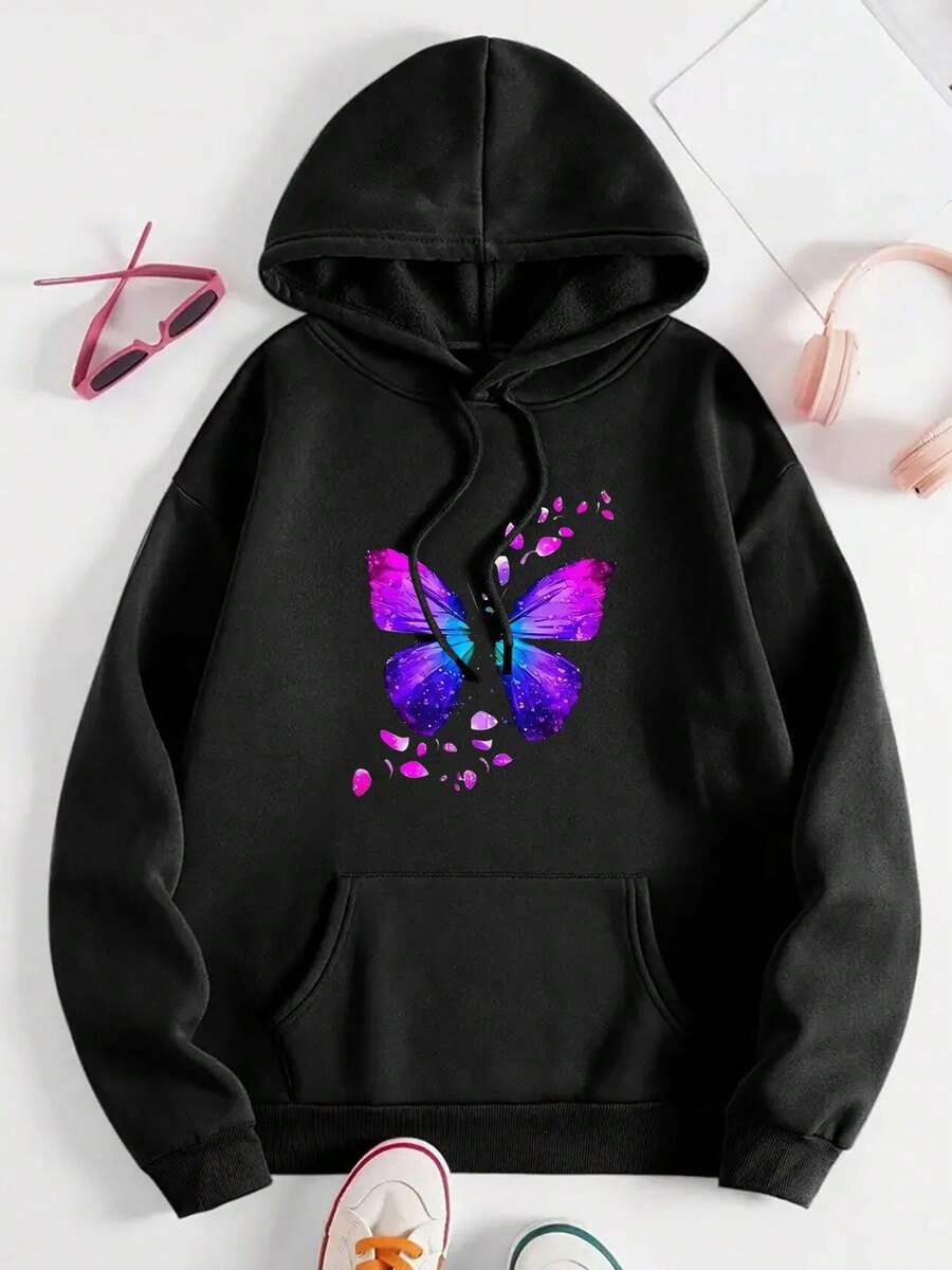 Women's Beautiful Butterfly Letter Pattern Top Sweatshirt Fashionable Cotton Casual Outdoor Shirts Suitable For Daily Wear - 黑色 - 查看 1