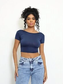 Moderna & Slim Short Sleeve Blouse With Fully Exposed Back - Blouse With Fully Open Back - Teal Blue - View 3
