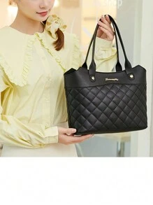 PU Leather Handbag For Women, Fashion Rhombic Jacquard Tote Shoulder Bag Simple Shopping Bag - Black - View 3