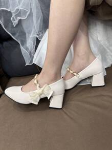 Teens' Square Toe Heeled Shoes, Fashionable, Elegant, Comfortable Soft Material, Ribbon & Pearl Design, Basic Style Suitable For Various Occasions - Beige - View 5