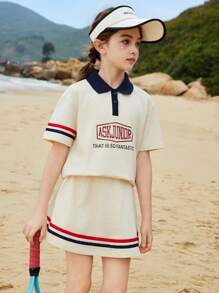 ASK JUNIOR 2 件套 Tween Girls Tween Girl 针织 Polo 衫和迷你裙网球套装