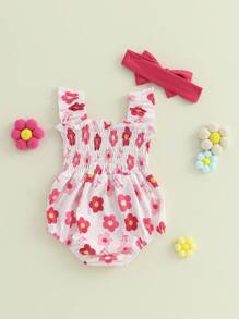 Baby Girls Rompers Flower Print Ruched Sleeveless Infant Bodysuits Jumpsuits With Headband - Pink - View 6