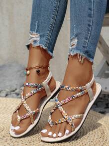 Nieuwe platte teenring ronde teen zomer plus size slip-on geweven sandalen, casual en modieuze Europese stijl