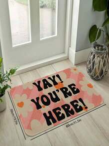 1 件心形图案印花门垫，毛绒矩形柔软防滑吸水地垫，适合入口、卧室、家庭使用