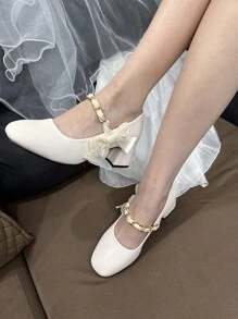 Teens' Square Toe Heeled Shoes, Fashionable, Elegant, Comfortable Soft Material, Ribbon & Pearl Design, Basic Style Suitable For Various Occasions - Beige - View 9