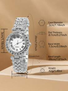 4 PEÇAS Conjunto de Relógio de Pulso Feminino com Pulseira de Liga de Prata, Luxuoso com Pedrinhas e Números Romanos, Mostrador Redondo, Relógio de Quartzo, Conjunto Adequado para Combinar com Vestuário Diário
