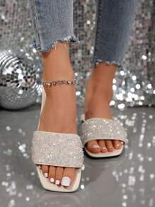 Women's Square Toe Slip-On Sandals With Rhinestone Decor, No-Heel Open Toe Design For Easy On/Off, Comfortable Artificial Suede Flat Shoes For Casual Outings, Suitable For Warm Weather, Versatile.