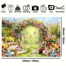 1pc High Quality Polyester, 7x5ft/8x6ft/10x8ft Spring Forest Path Easter Wreath Arch Green Grass Flower Rabbit Easter Eggs Butterfly Fairytale Flower Tulip Colorful Rose Party Decor Photography Backdrop Cloth, Washable, Low-Temperature Iron, Wrinkles Can Be Completely Removed, Tablecloth, Curtain