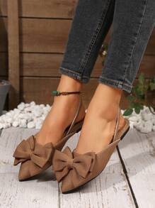 Women's Pointed Toe Slingback Loafers With Bowknot Decor, Elastic Band Design, Casual Comfortable Flat Shoes, Elegant, Charming, Sexy Closed Toe Style - Brown - View 4