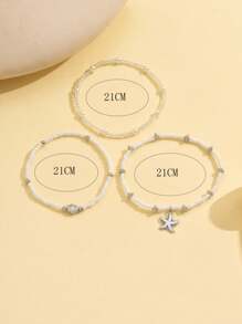 3pcs/Set Women Simple White Bead Pearl & Silver Starfish Shell Anklets, Suitable For Daily Wear And Holiday Travel - Multicolor - View 4