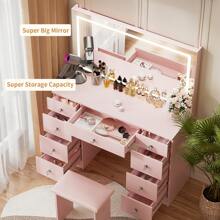 VOWNER Makeup Vanity Desk Set With Prower Outlet & LED Lighted Mirror, Brightness & Lighting Color Adjustable, Come With Stool, 9 Drawers For Storage, Vanity Table For Girls Women, Halloween & Thanksgiving - Hồng - Xem 2
