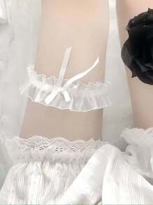 带蝴蝶结装饰的蕾丝吊袜带、弹性性感大腿袜、新娘婚礼配饰、颈链和腿带 - 白色 - 查看 4