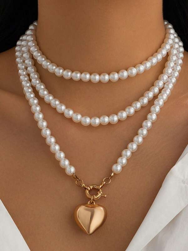 1 pieza Collar multicapa con colgante de corazón hueco de perla, gargantilla versátil