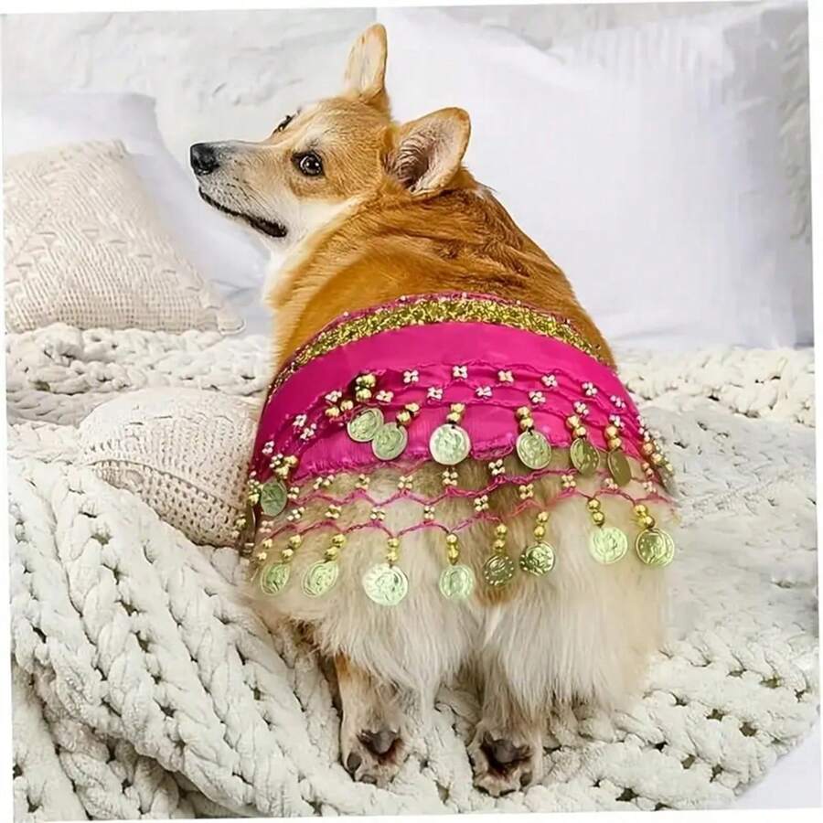 1 peça de fantasia de dança do ventre brilhante para cachorro com cinto, cortina de cauda de poliéster, dança para animais de estimação, fantasia para animais de estimação, presente para cães, atmosfera festiva, muito divertido.