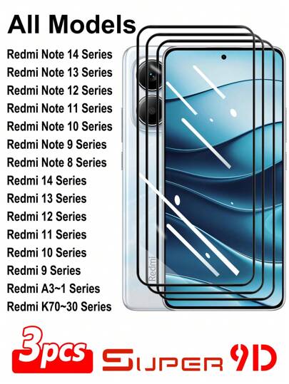 ZYONS 3 件超级 9D Redmi 所有型号，全覆盖高清全胶 2.5D 9H 经济实惠的 Android 手机屏幕保护膜带钢化玻璃，适用于 Redmi Note 14/13 Pro Max/12R/11 Lite/10S/9A/8/T/Redmi 14C/13C/11 Prime/10 2022/9i Power/A5/A4/A3/A2+/A1/K80/K70 Pro/K60 Ultra/K50/K40/K30 系列