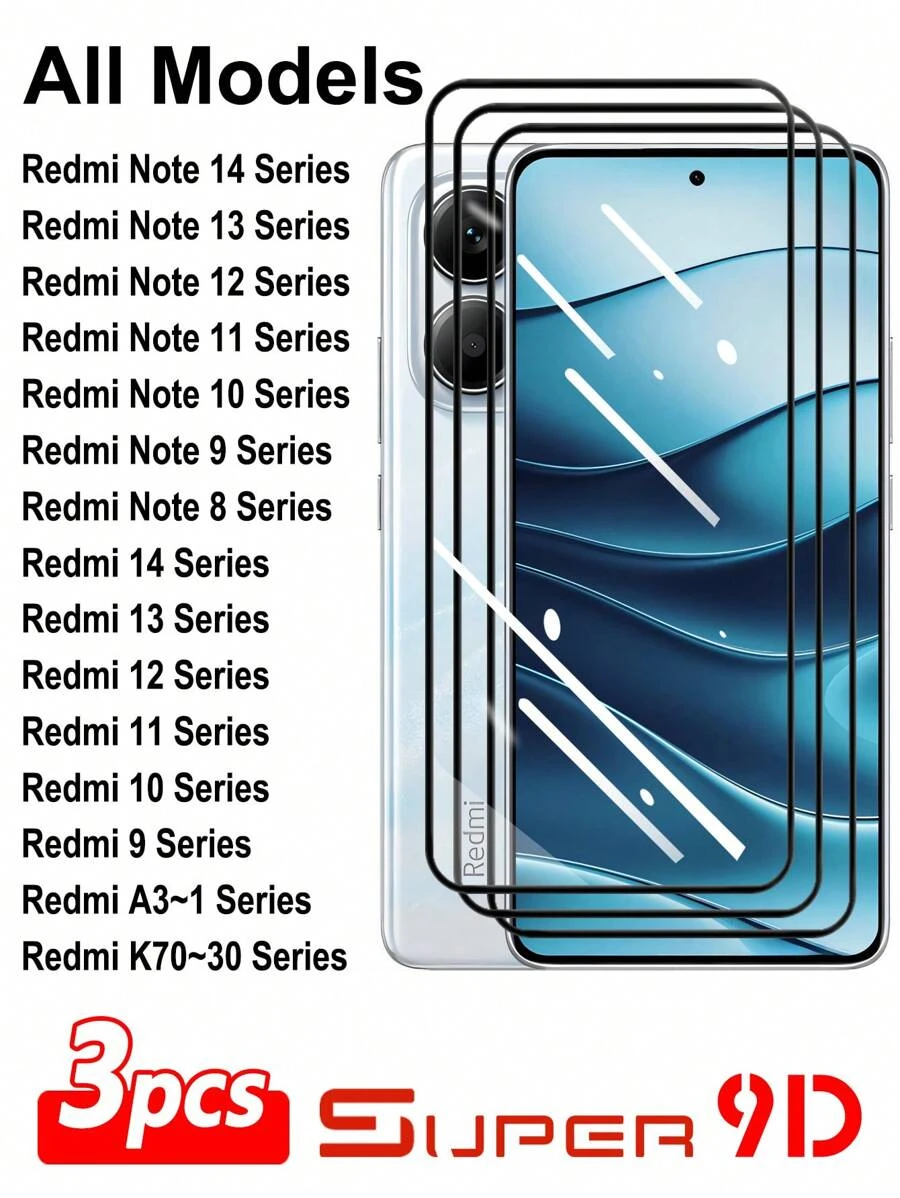 ZYONS 3 件超级 9D Redmi 所有型号，全覆盖高清全胶 2.5D 9H 经济实惠的 Android 手机屏幕保护膜带钢化玻璃，适用于 Redmi Note 14/13 Pro Max/12R/11 Lite/10S/9A/8/T/Redmi 14C/13C/11 Prime/10 2022/9i Power/A5/A4/A3/A2+/A1/K80/K70 Pro/K60 Ultra/K50/K40/K30 系列 - 3pcs - 查看 1